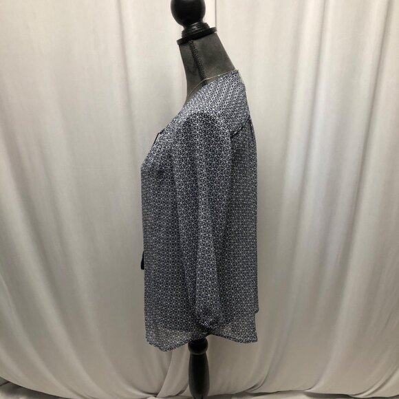 St Johns Bay Sheer Blouse Womens Sz Medium Geometric Blue White Tassel Tie Boho - Picture 4 of 10